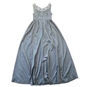 1960s Handmade Gray Satin Lace Trim Maxi Dress Vintage Formal Gown Prom USA VTG